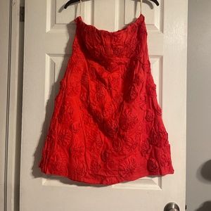 Red strapless rose patterned dress